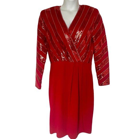 St John Evening Vtg Red Sequin Paillettes Santana Knit Wrap Dress Sz 14 XL - Picture 1 of 12